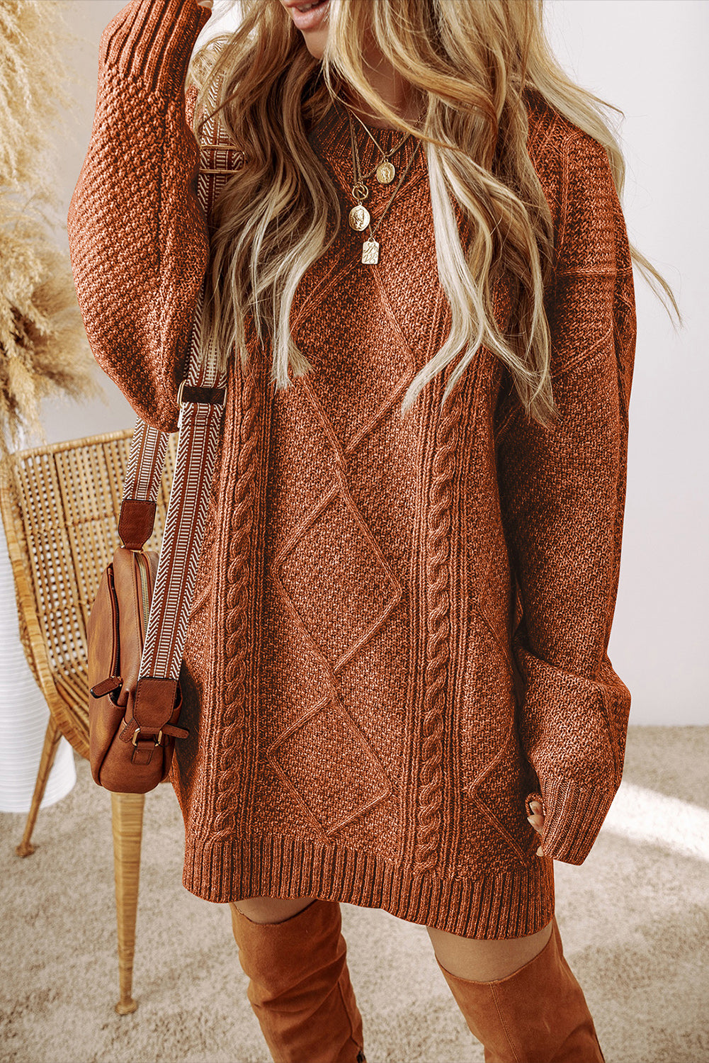 Coffee Twist Cable Knit Drop Shoulder Loose Fit Sweater Dress Shewin