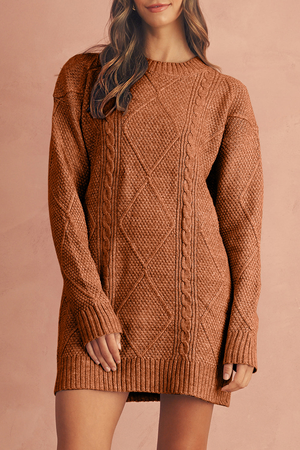 Coffee Twist Cable Knit Drop Shoulder Loose Fit Sweater Dress Shewin