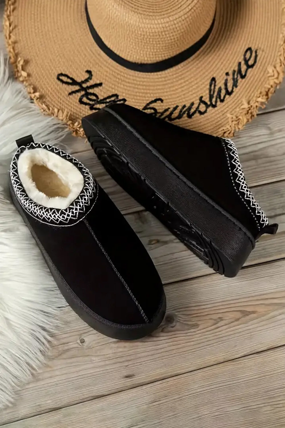 Chestnut Suede Contrast Print Round Toe Plush Lined Flats Shewin