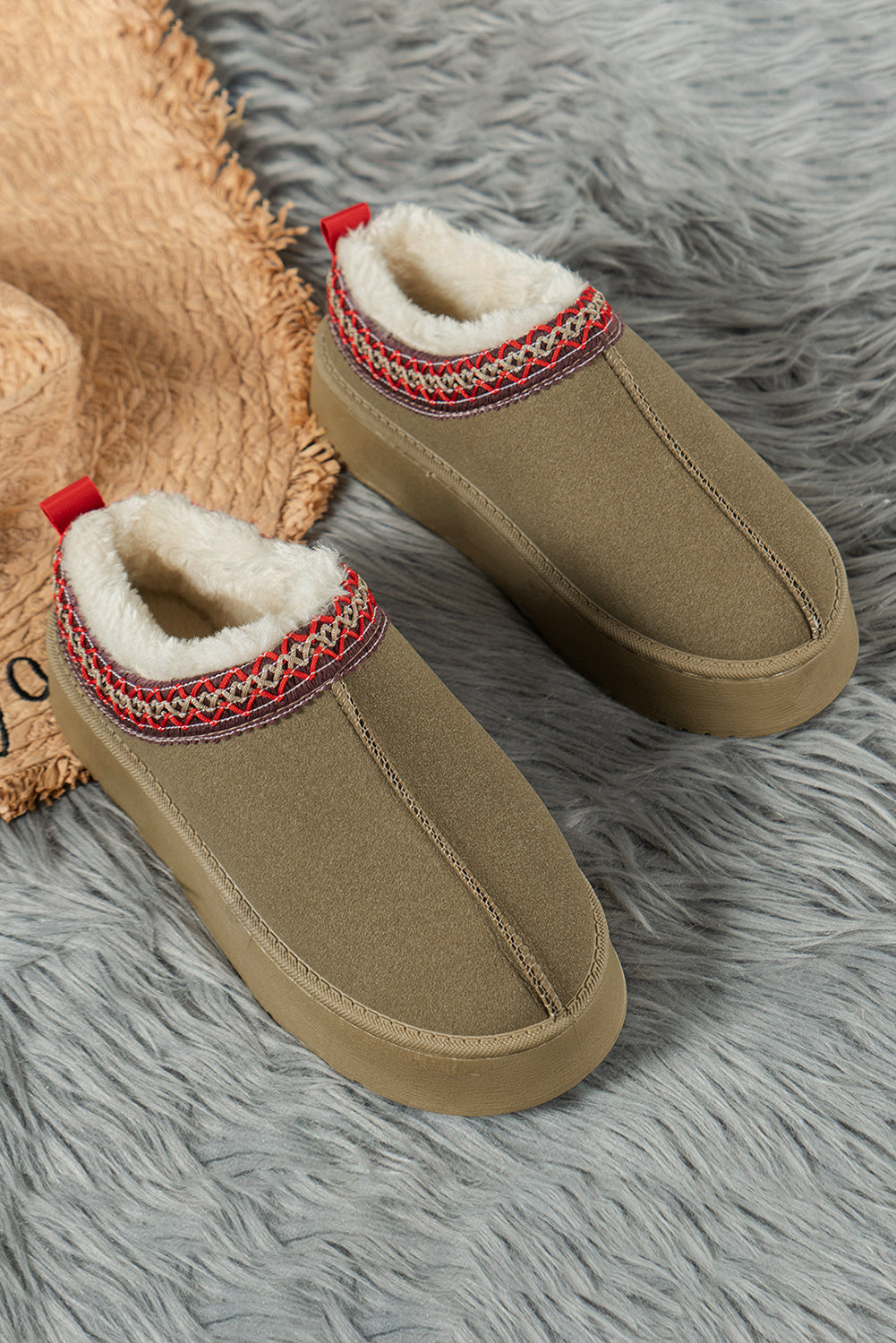 Chestnut Suede Contrast Print Round Toe Plush Lined Flats Shewin