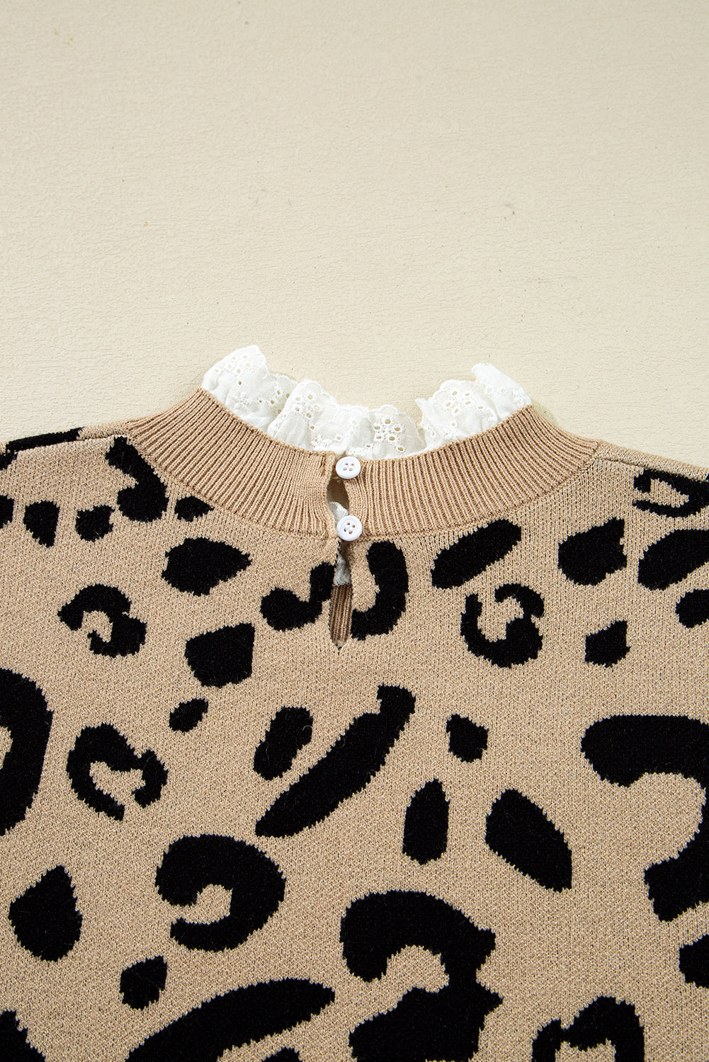 Brown Leopard Pattern Lace Trim Ribbed Detail Button Cuffed Sweater FamilyClothes