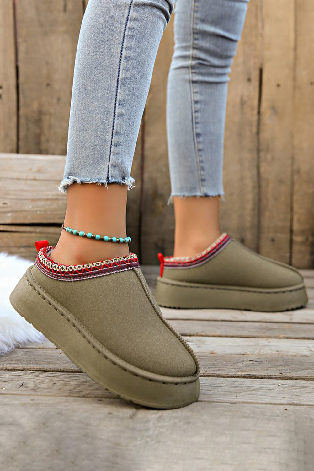 Chestnut Suede Contrast Print Round Toe Plush Lined Flats Shewin