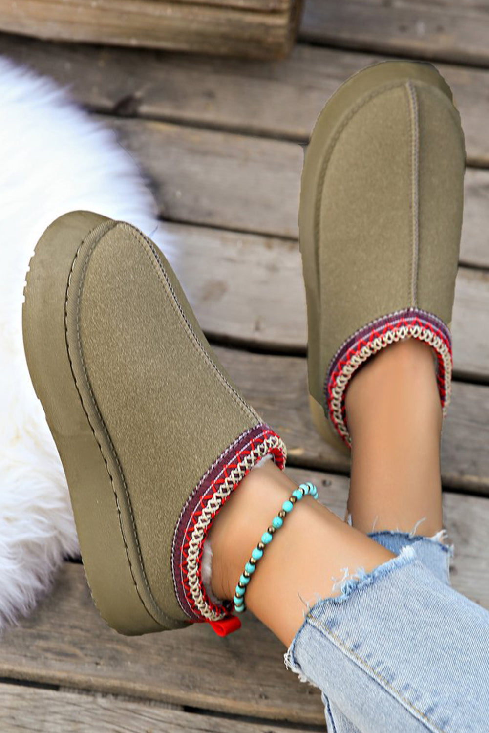 Chestnut Suede Contrast Print Round Toe Plush Lined Flats Shewin