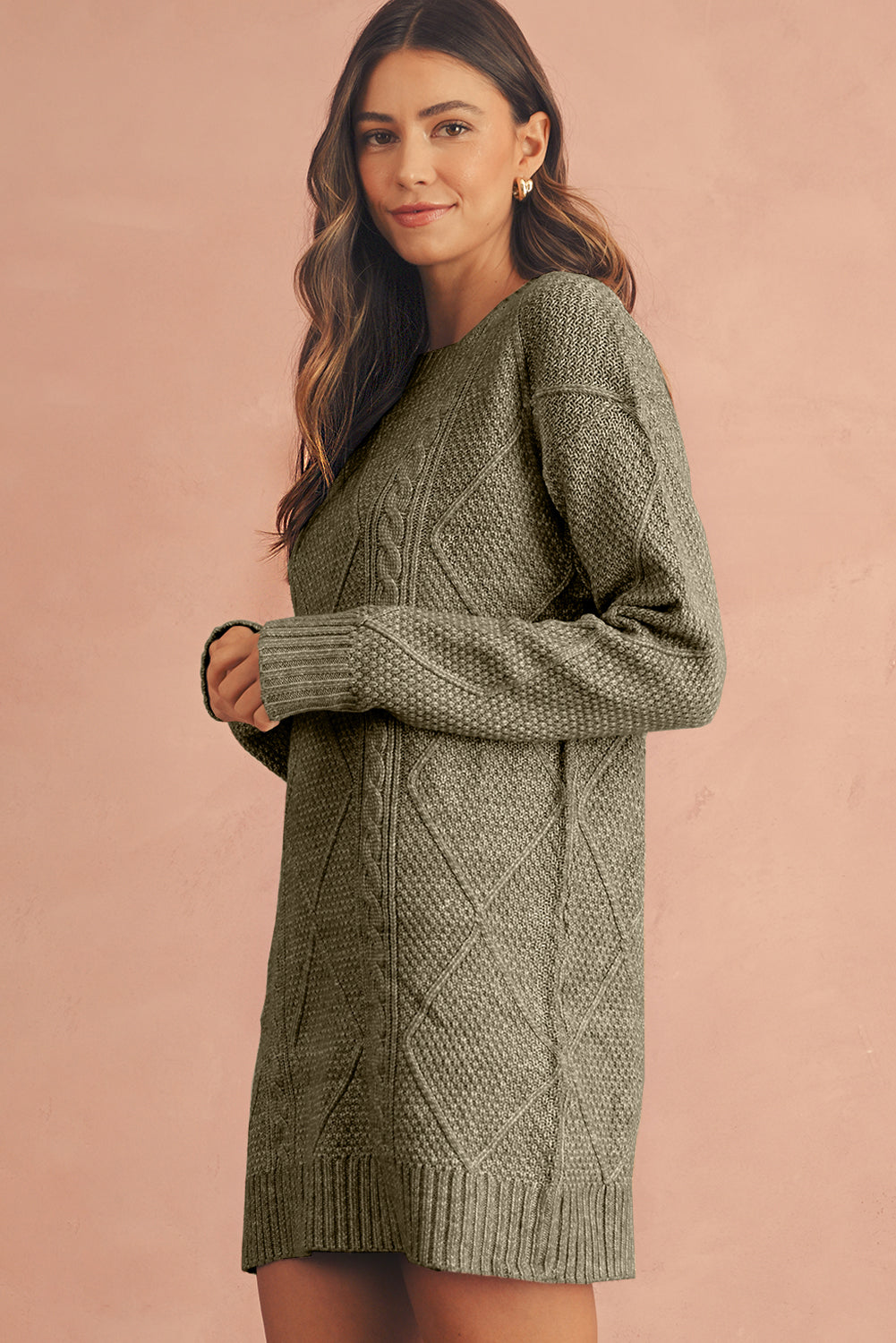 Coffee Twist Cable Knit Drop Shoulder Loose Fit Sweater Dress FamilyClothes