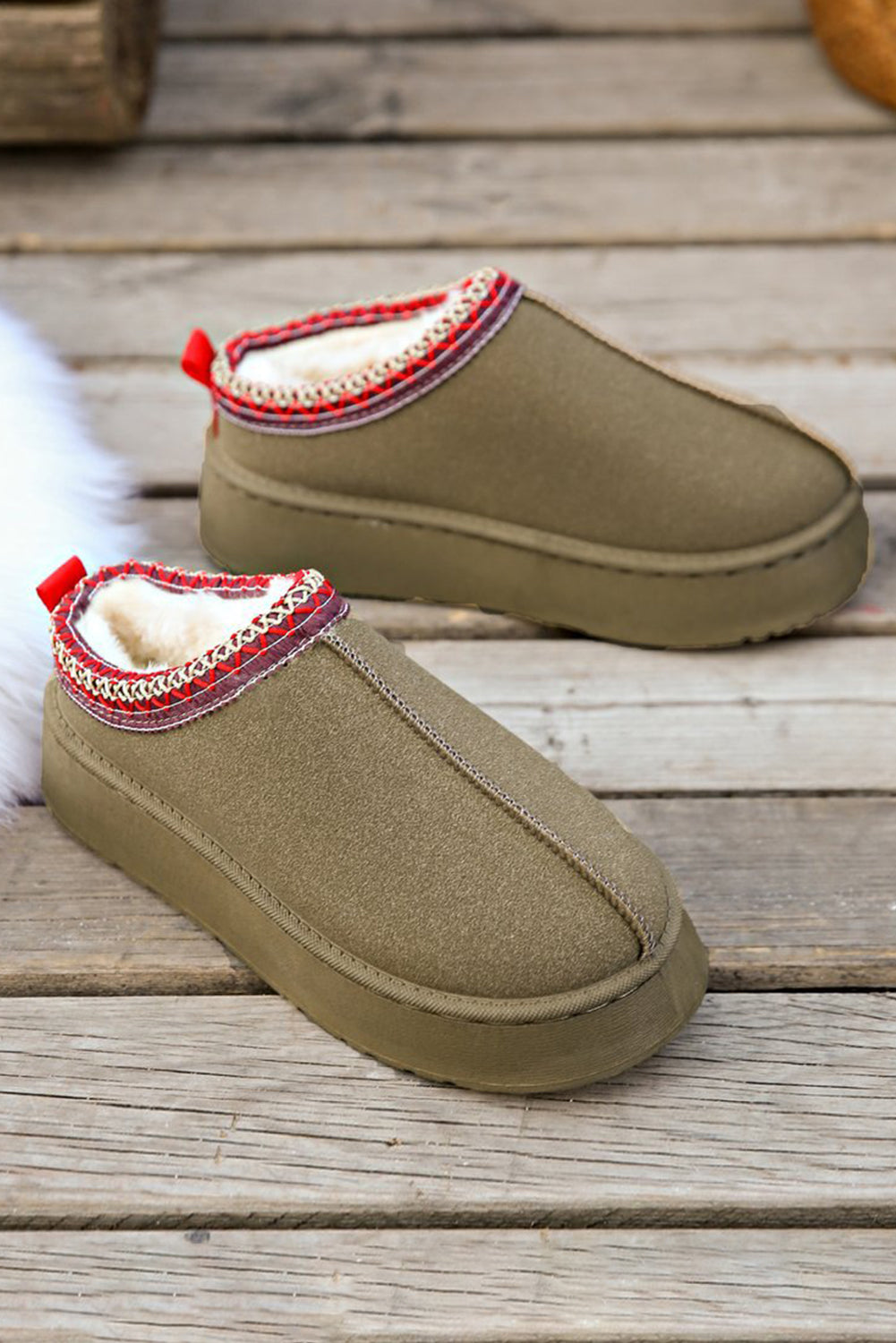Chestnut Suede Contrast Print Round Toe Plush Lined Flats Shewin