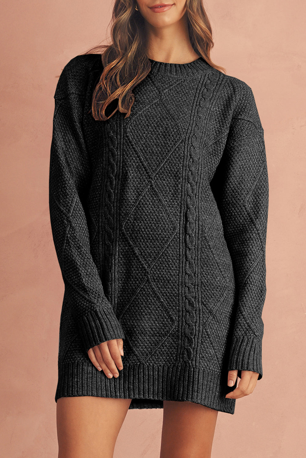 Coffee Twist Cable Knit Drop Shoulder Loose Fit Sweater Dress Shewin