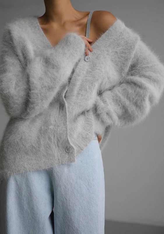 Fuzzy Oversized Cardigan with Button Front - FamilyClothes