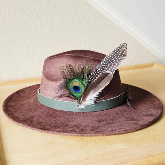 Army Green Leather HatBand w/Peacock Feather Acc - FamilyClothes