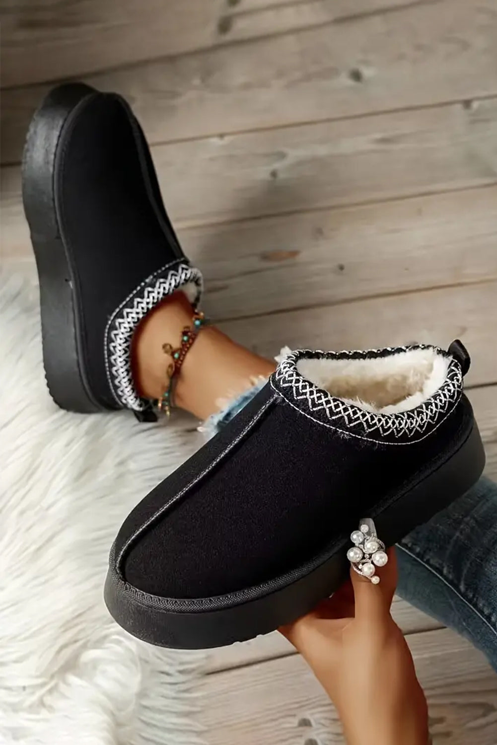 Chestnut Suede Contrast Print Round Toe Plush Lined Flats Shewin