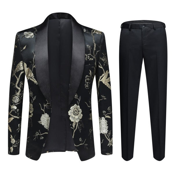 Men's 2 Piece 1 Button Floral Embroidered Suit - FamilyClothes