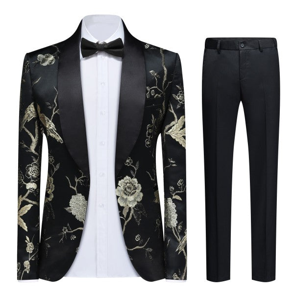 Men's 2 Piece 1 Button Floral Embroidered Suit - FamilyClothes