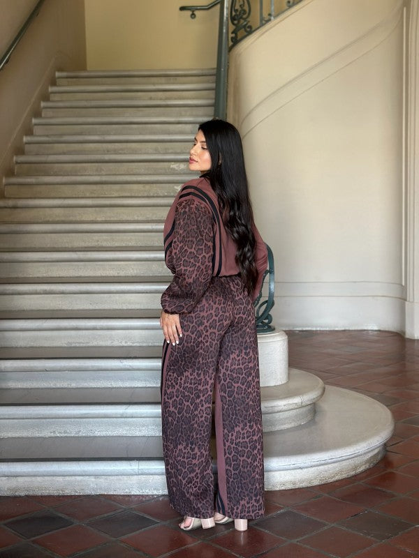 Leopard Print & Solid Stripes Contrast Loungewear - FamilyClothes