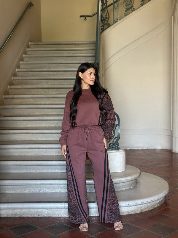 Leopard Print & Solid Stripes Contrast Loungewear - FamilyClothes