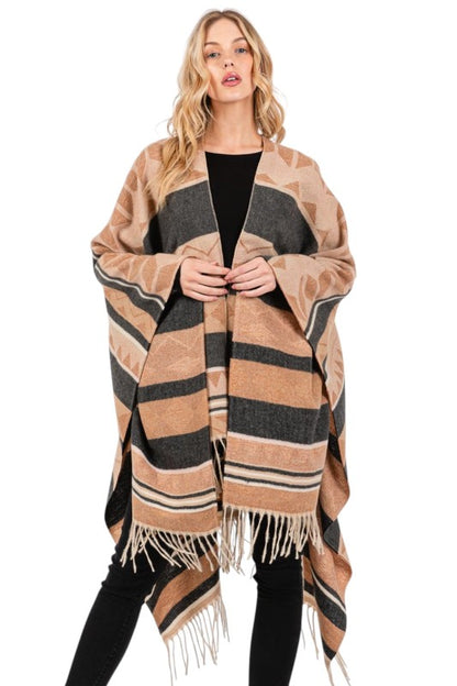 Aztec Pattern Fringe Ruana Cardigan Warp Scarf - FamilyClothes