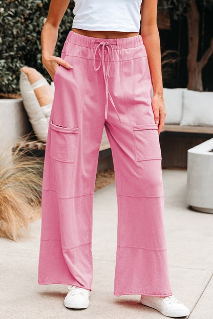 Drawstring Elastic Waistband Wide Leg Cargo Pants - FamilyClothes