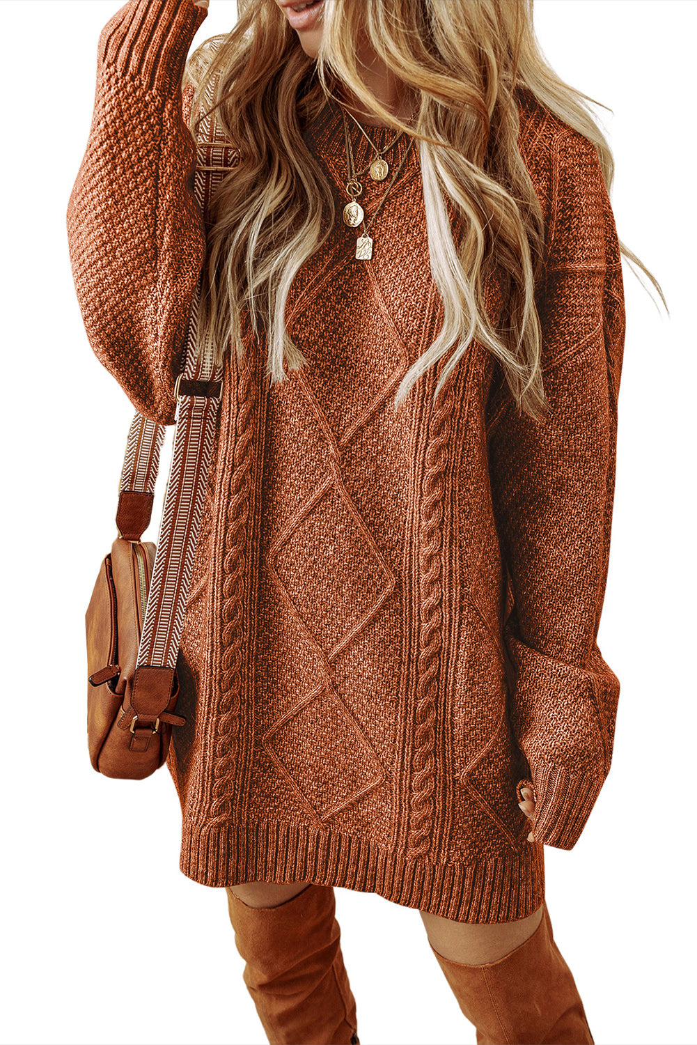 Coffee Twist Cable Knit Drop Shoulder Loose Fit Sweater Dress Shewin