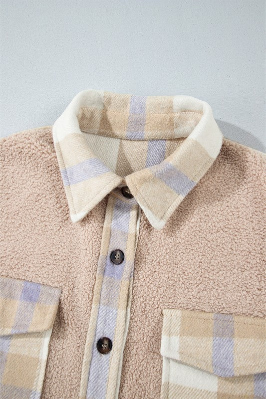 Plaid Patchwork Collared Sherpa Long Coat - FamilyClothes