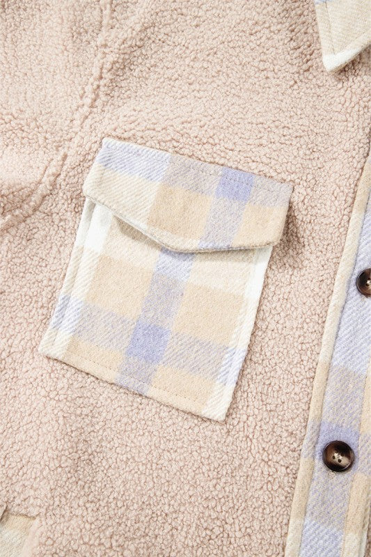 Plaid Patchwork Collared Sherpa Long Coat - FamilyClothes