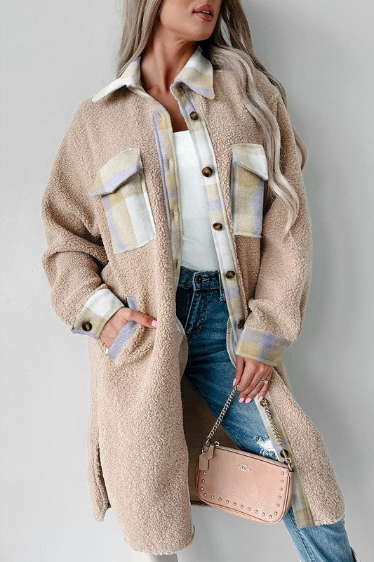 Plaid Patchwork Collared Sherpa Long Coat - FamilyClothes