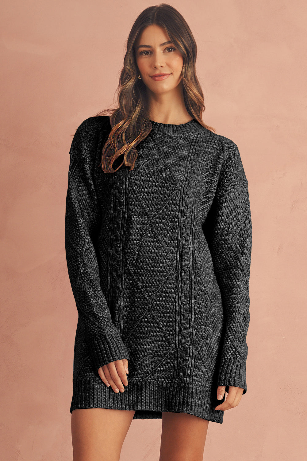 Coffee Twist Cable Knit Drop Shoulder Loose Fit Sweater Dress FamilyClothes