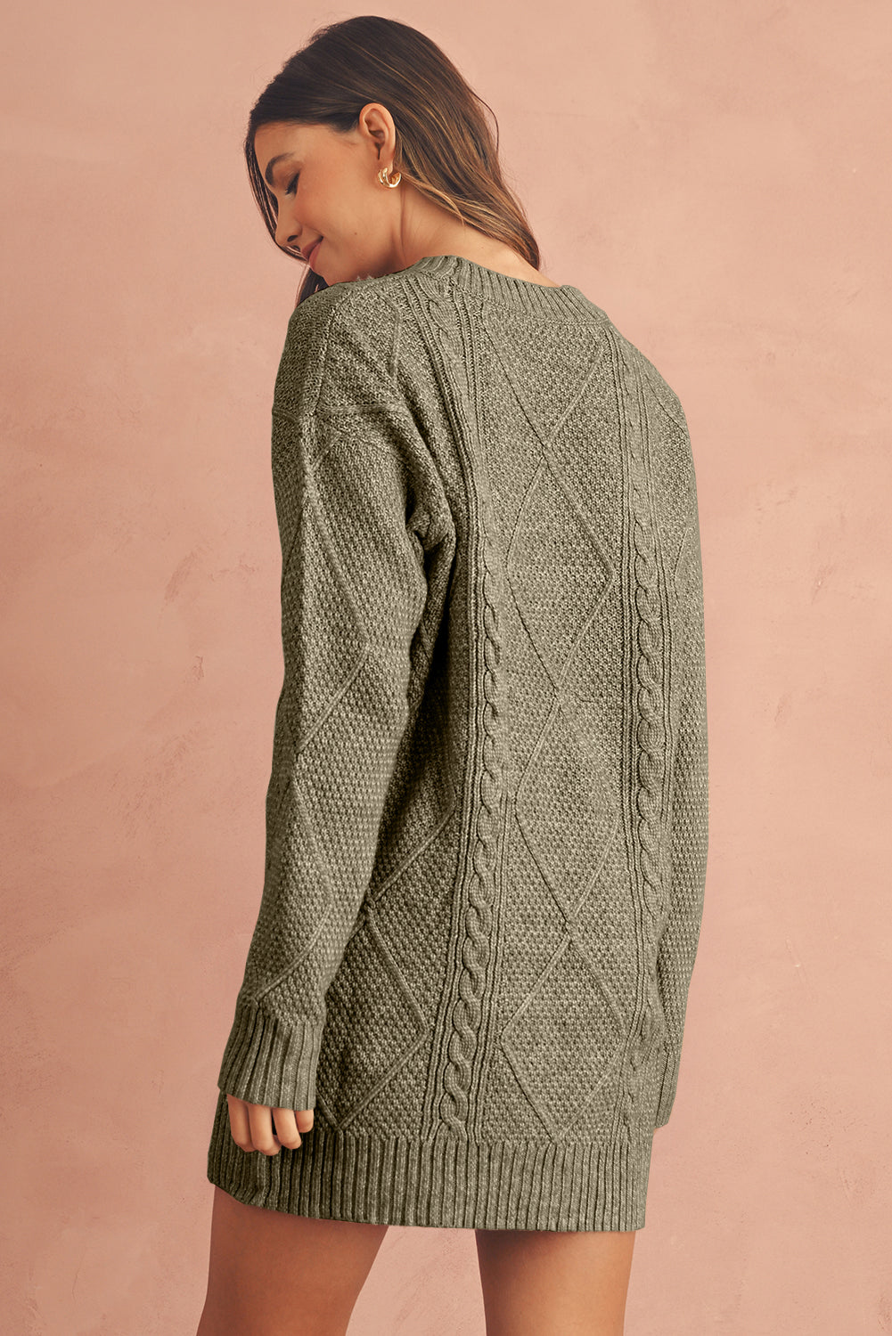 Coffee Twist Cable Knit Drop Shoulder Loose Fit Sweater Dress FamilyClothes