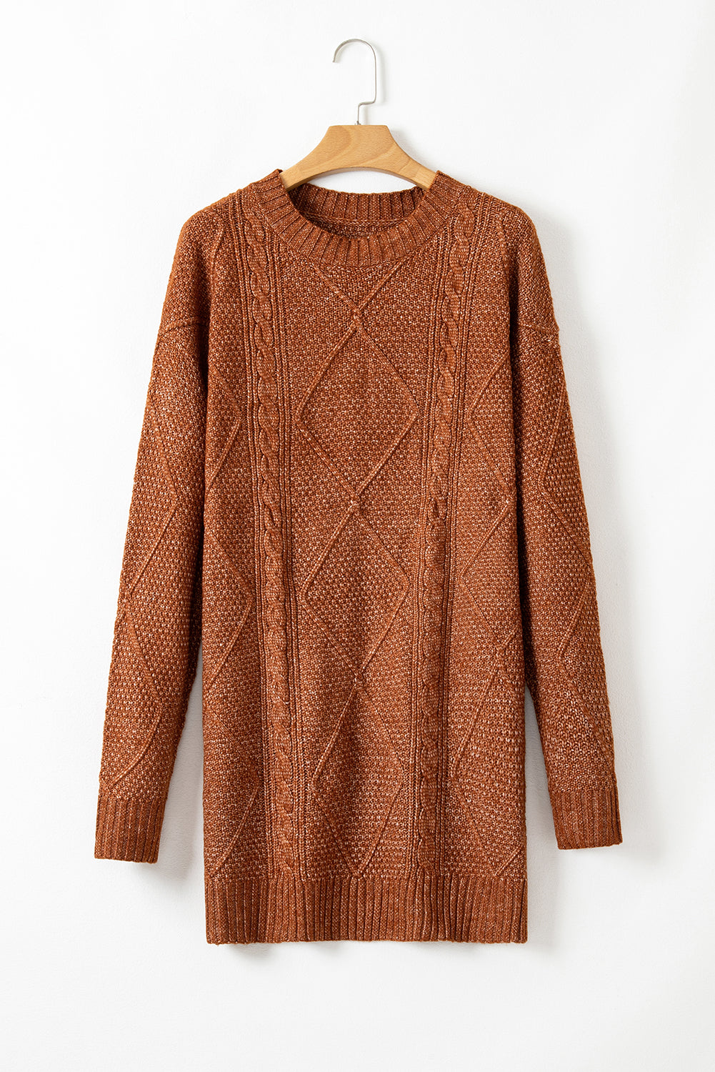 Coffee Twist Cable Knit Drop Shoulder Loose Fit Sweater Dress Shewin