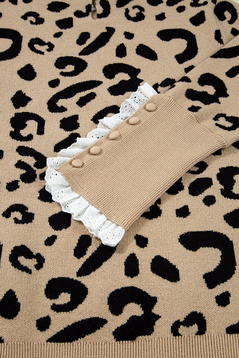 Brown Leopard Pattern Lace Trim Ribbed Detail Button Cuffed Sweater FamilyClothes