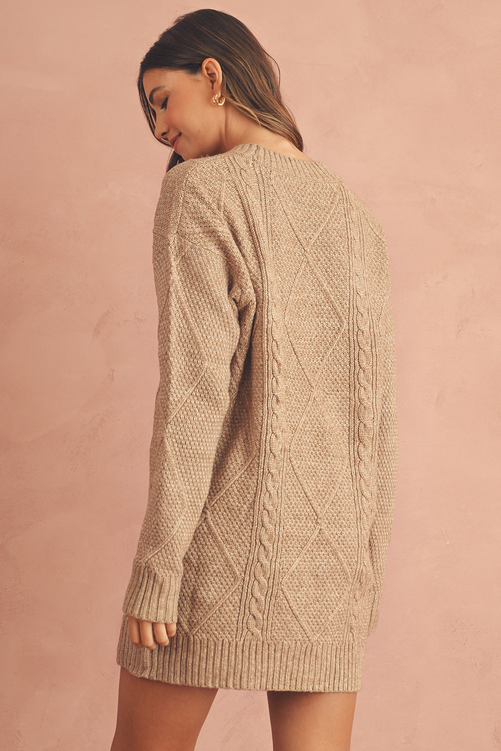 Coffee Twist Cable Knit Drop Shoulder Loose Fit Sweater Dress FamilyClothes