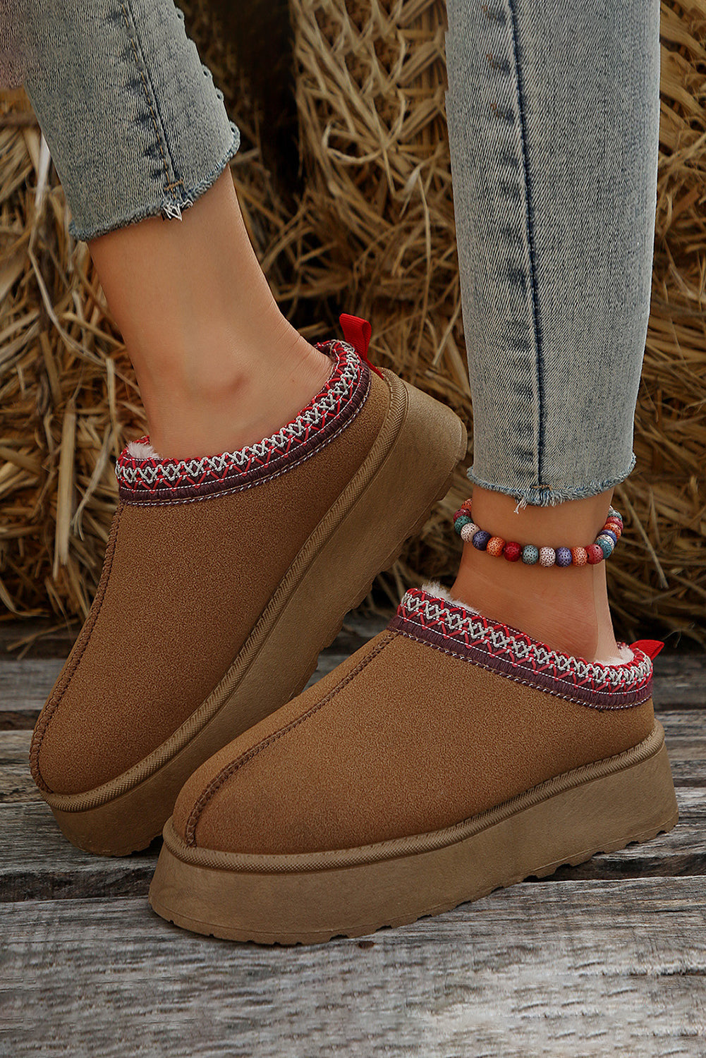 Chestnut Suede Contrast Print Round Toe Plush Lined Flats Shewin
