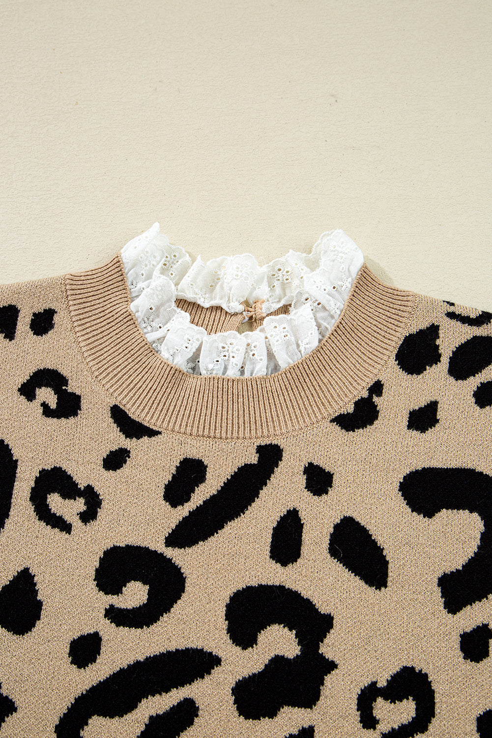 Brown Leopard Pattern Lace Trim Ribbed Detail Button Cuffed Sweater Shewin