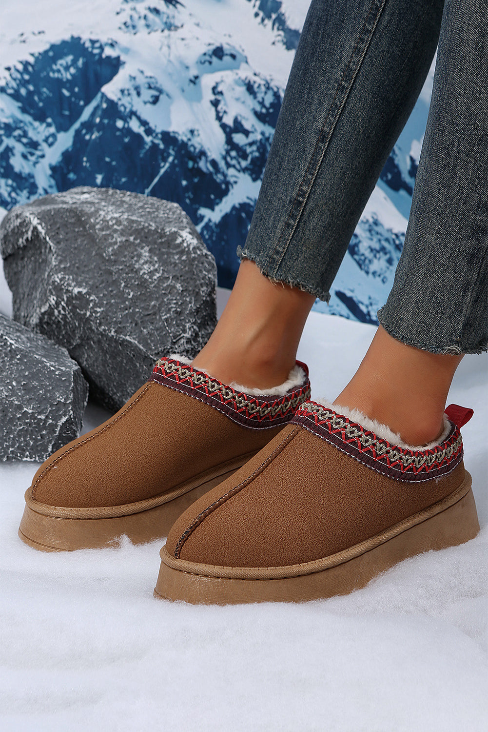 Chestnut Suede Contrast Print Round Toe Plush Lined Flats Shewin