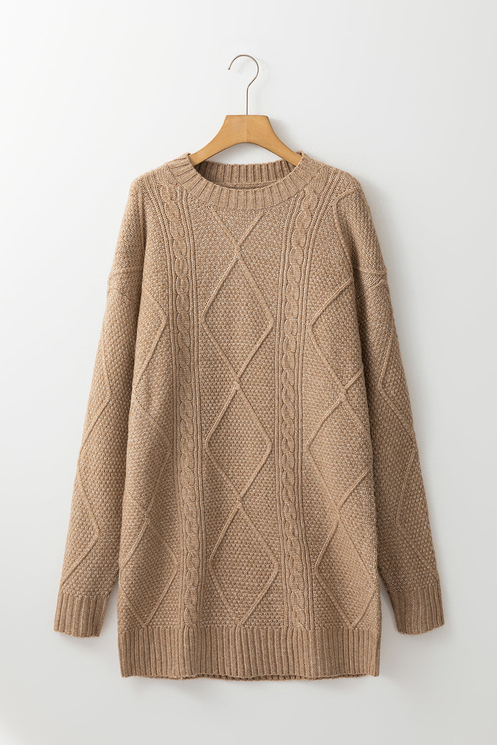 Coffee Twist Cable Knit Drop Shoulder Loose Fit Sweater Dress FamilyClothes