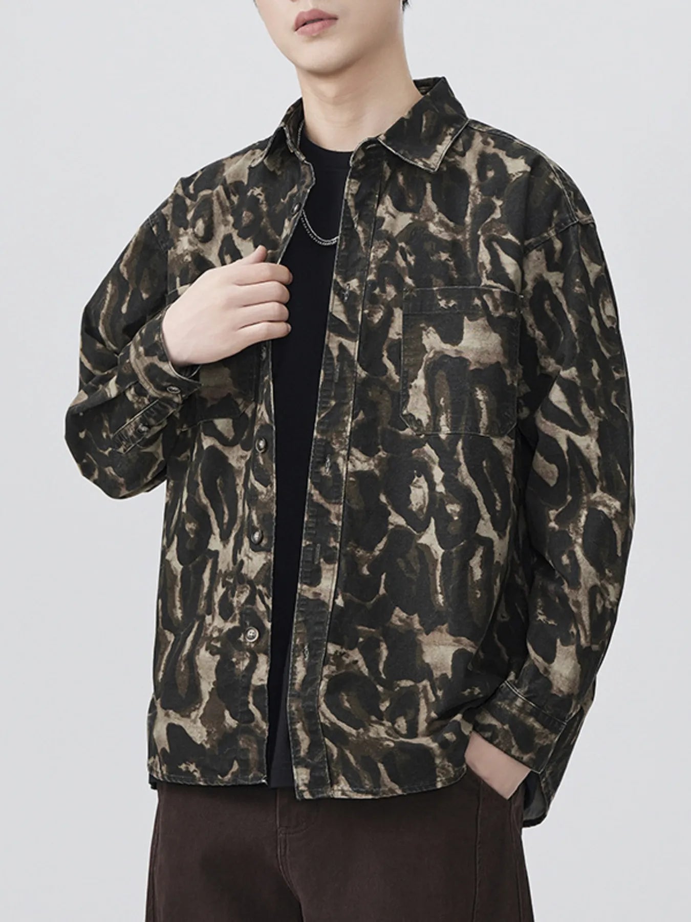 Men's Plus Size Camouflage Print Button-Up Shacket - FamilyClothes