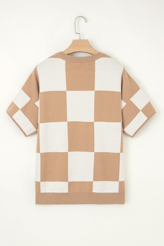 Checker Short Sleeve Drop Shoulder Sweater - FamilyClothes