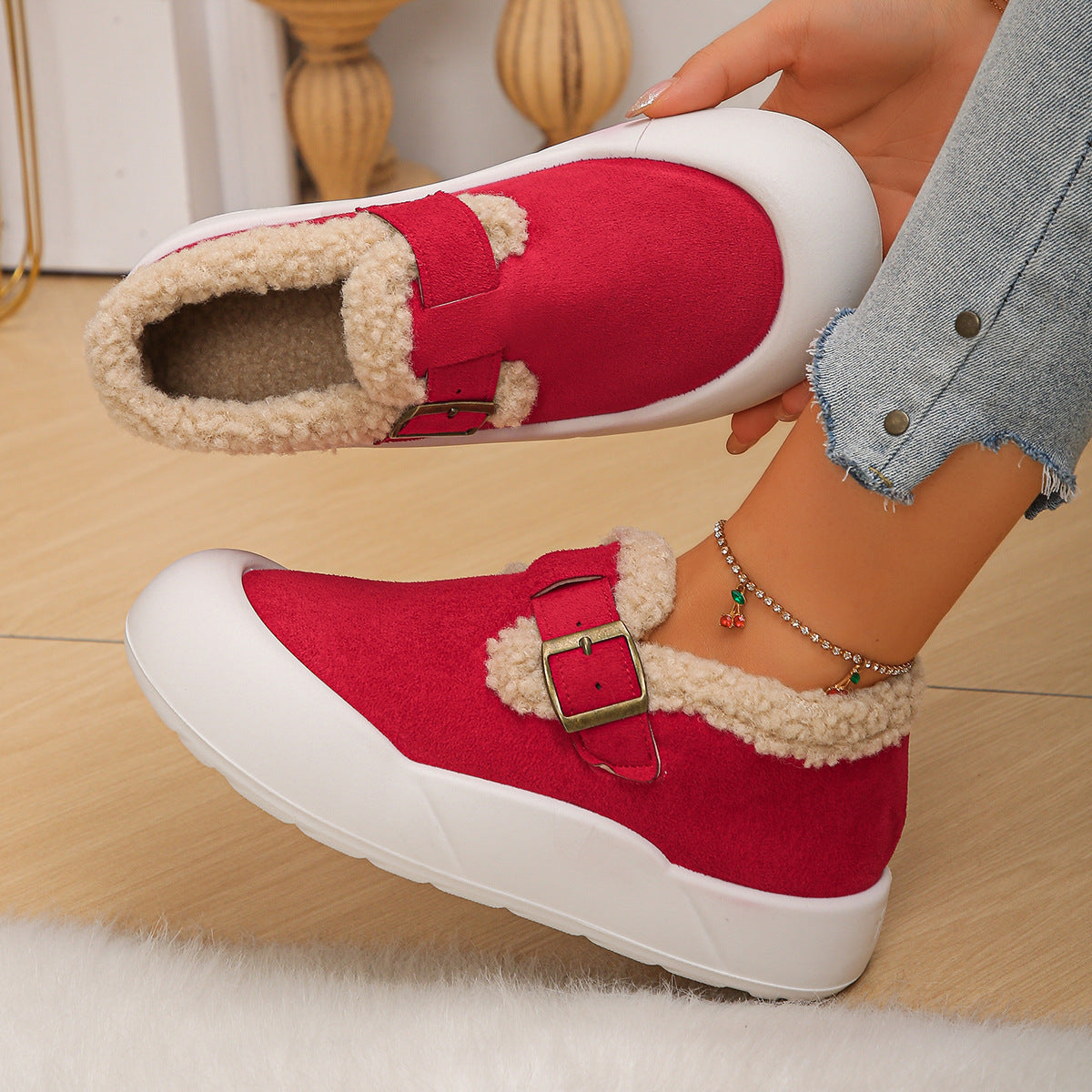 Winter fleece, anti-slip, thickened warm cotton shoes, snow ankle boots, versatile outdoor women's cotton shoes