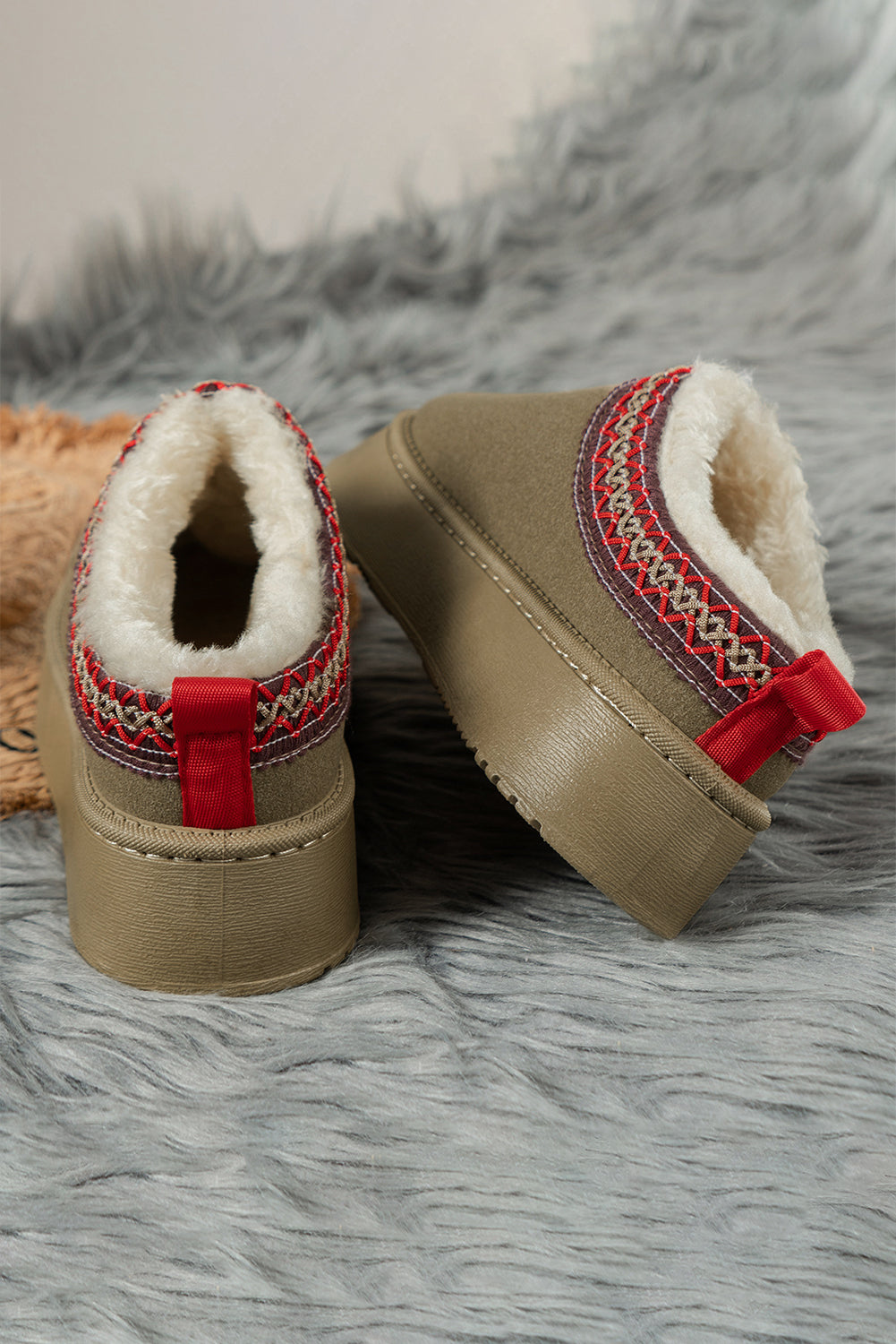 Chestnut Suede Contrast Print Round Toe Plush Lined Flats Shewin