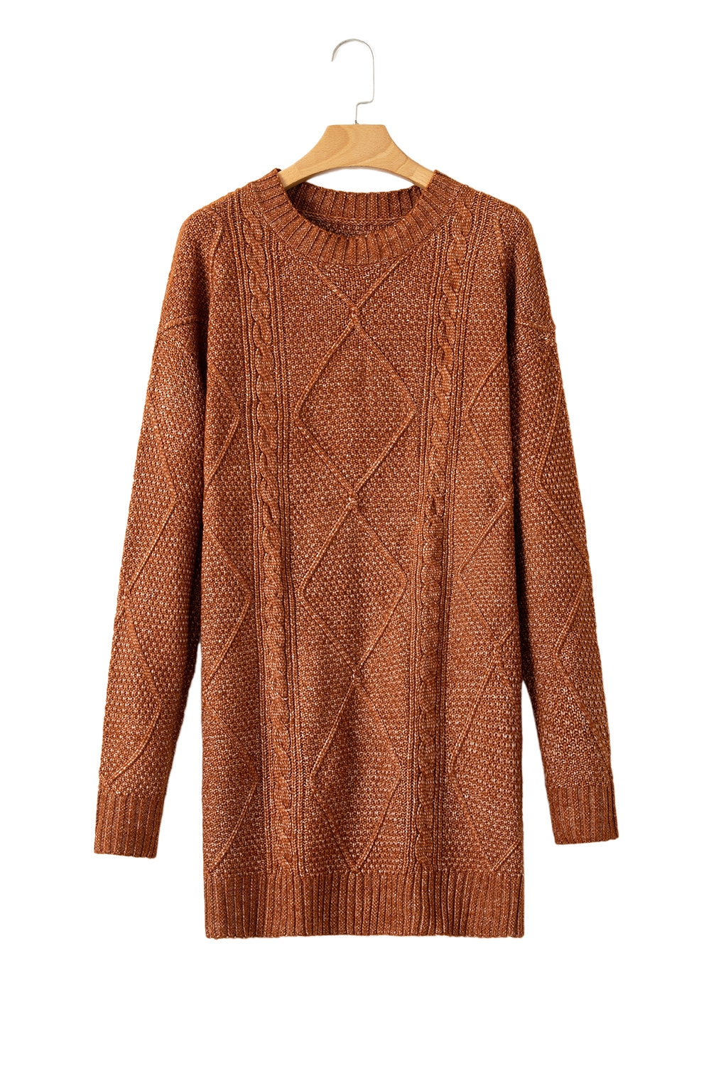 Coffee Twist Cable Knit Drop Shoulder Loose Fit Sweater Dress Shewin