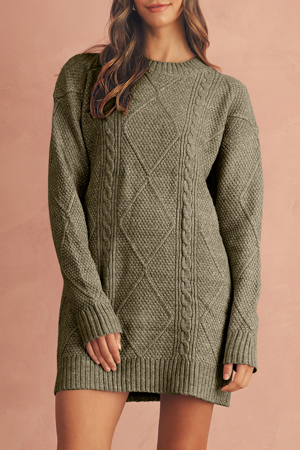 Coffee Twist Cable Knit Drop Shoulder Loose Fit Sweater Dress FamilyClothes