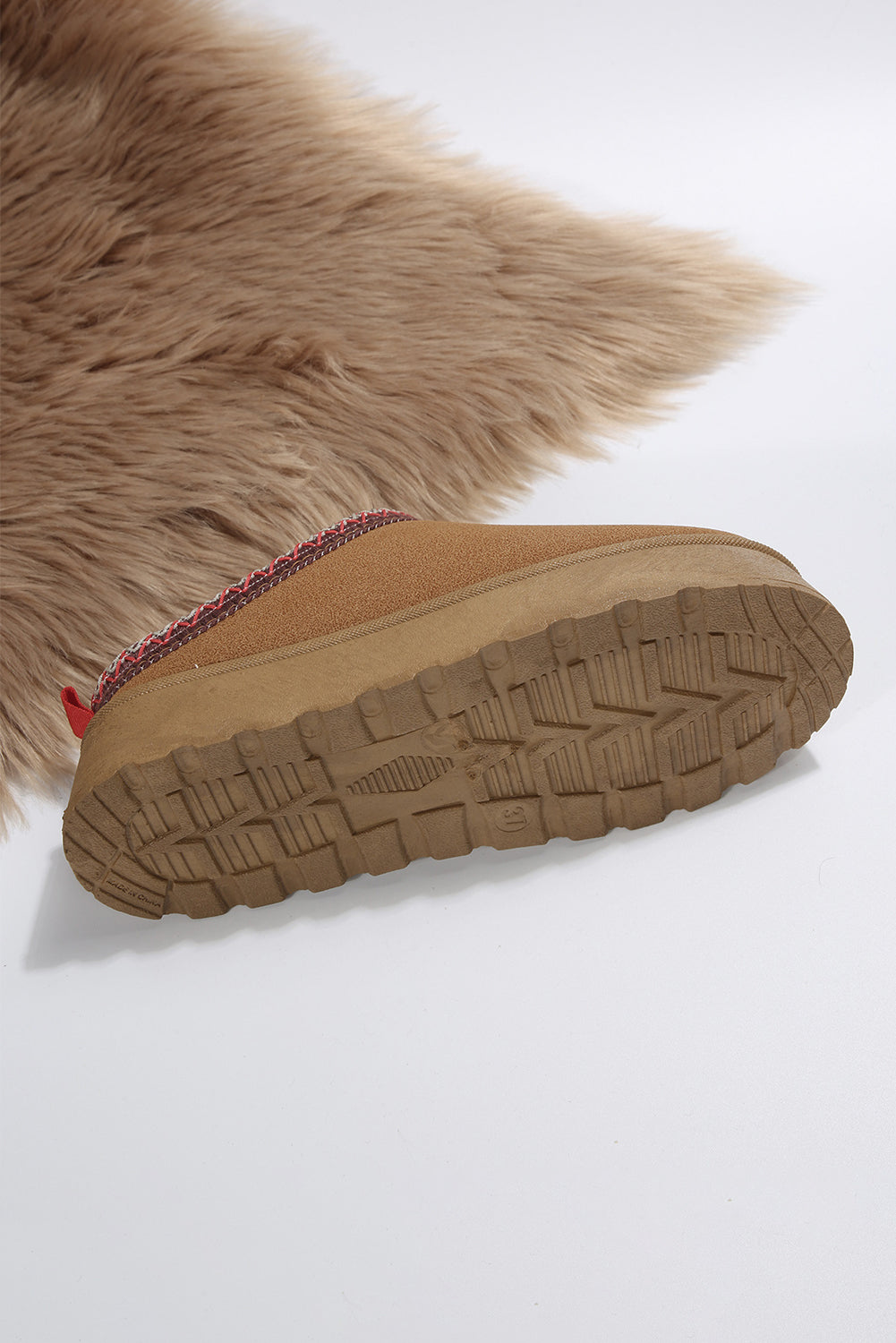 Chestnut Suede Contrast Print Round Toe Plush Lined Flats Shewin