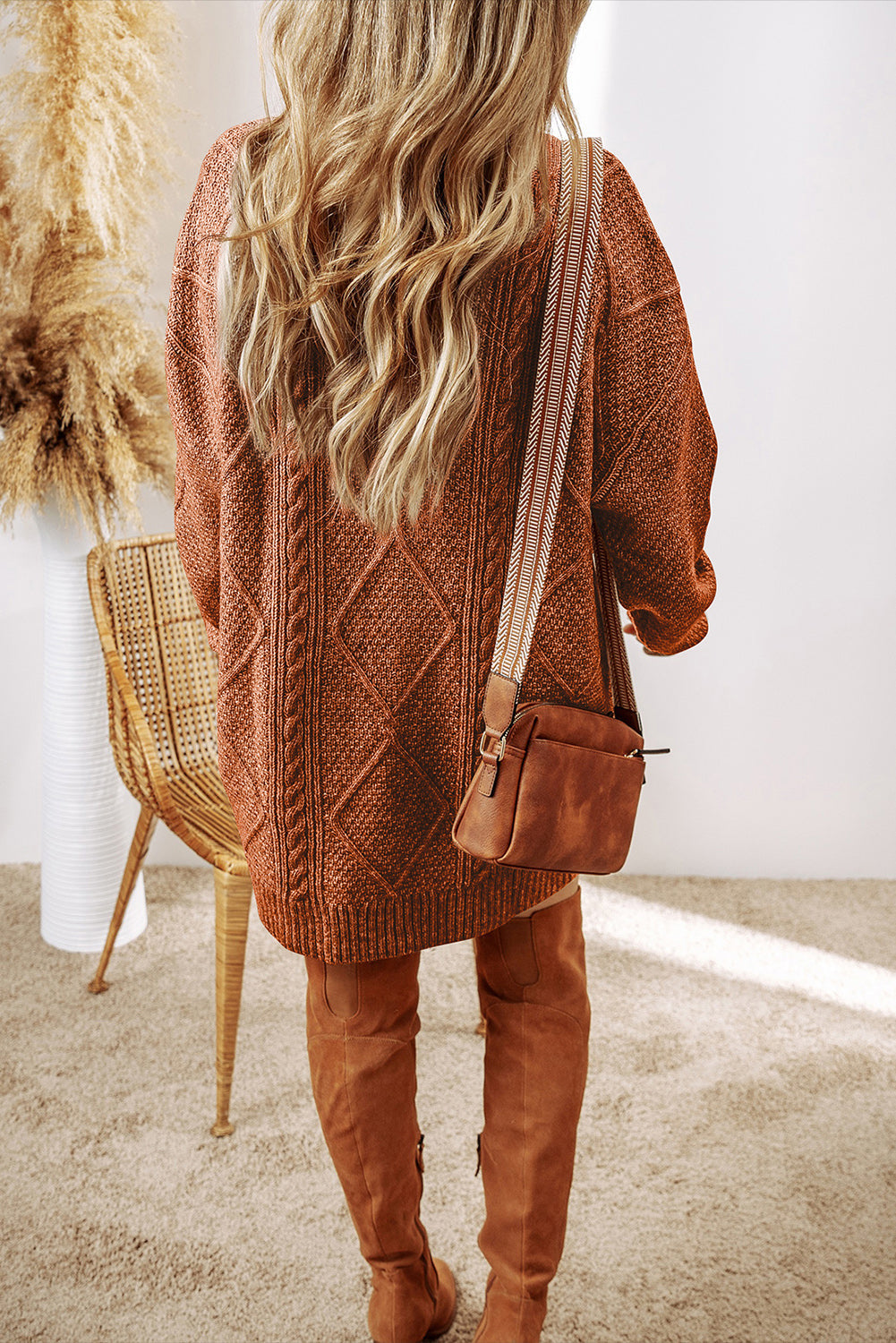 Coffee Twist Cable Knit Drop Shoulder Loose Fit Sweater Dress Shewin