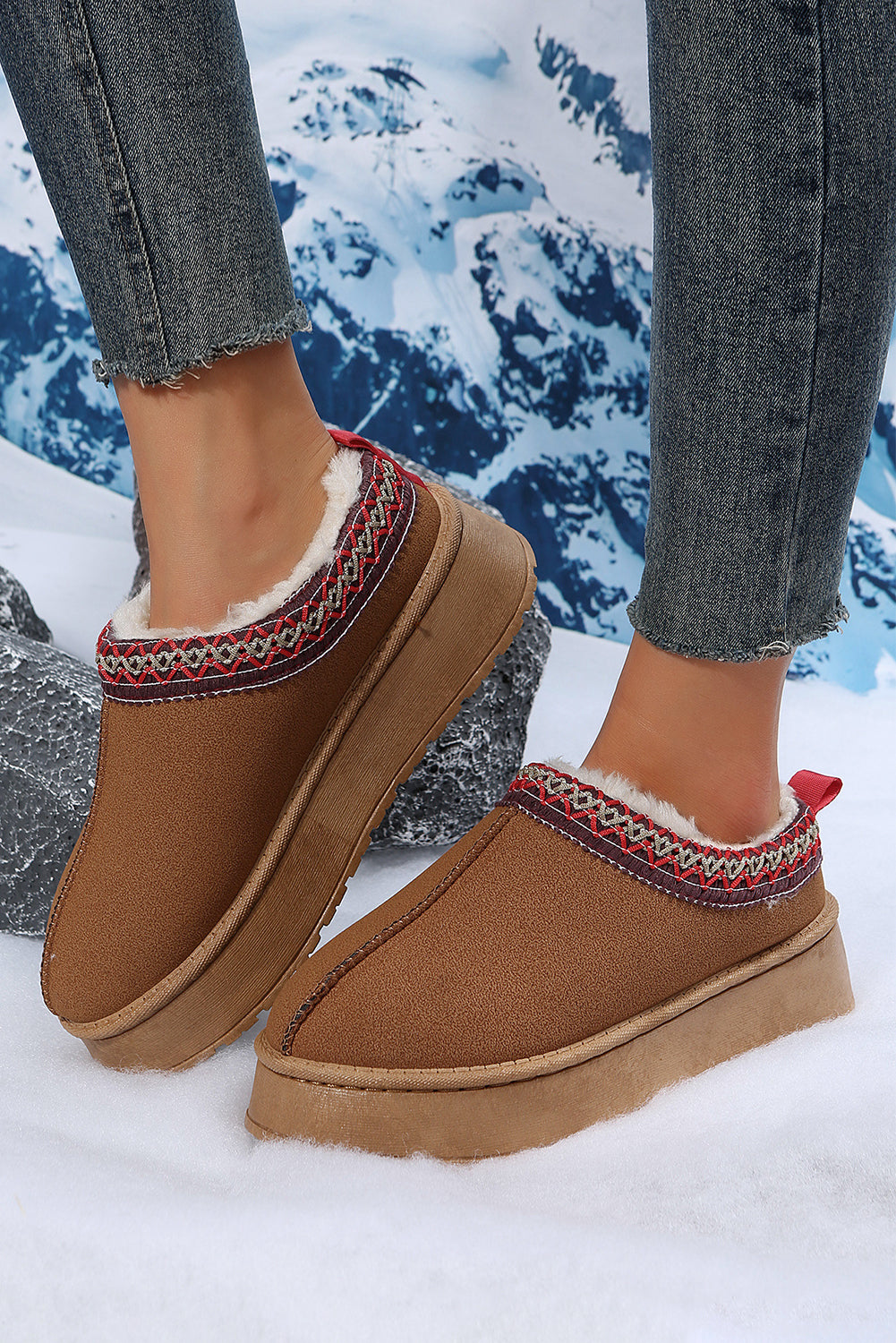 Chestnut Suede Contrast Print Round Toe Plush Lined Flats Shewin