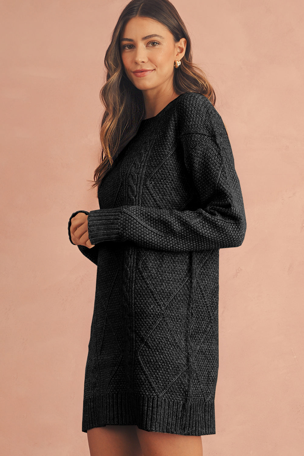 Coffee Twist Cable Knit Drop Shoulder Loose Fit Sweater Dress FamilyClothes