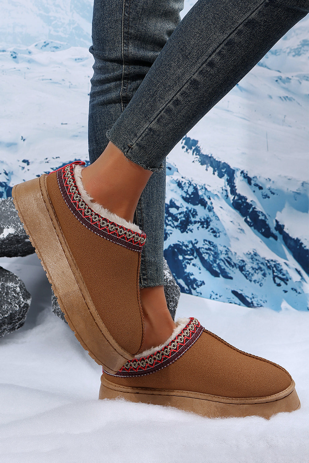 Chestnut Suede Contrast Print Round Toe Plush Lined Flats Shewin