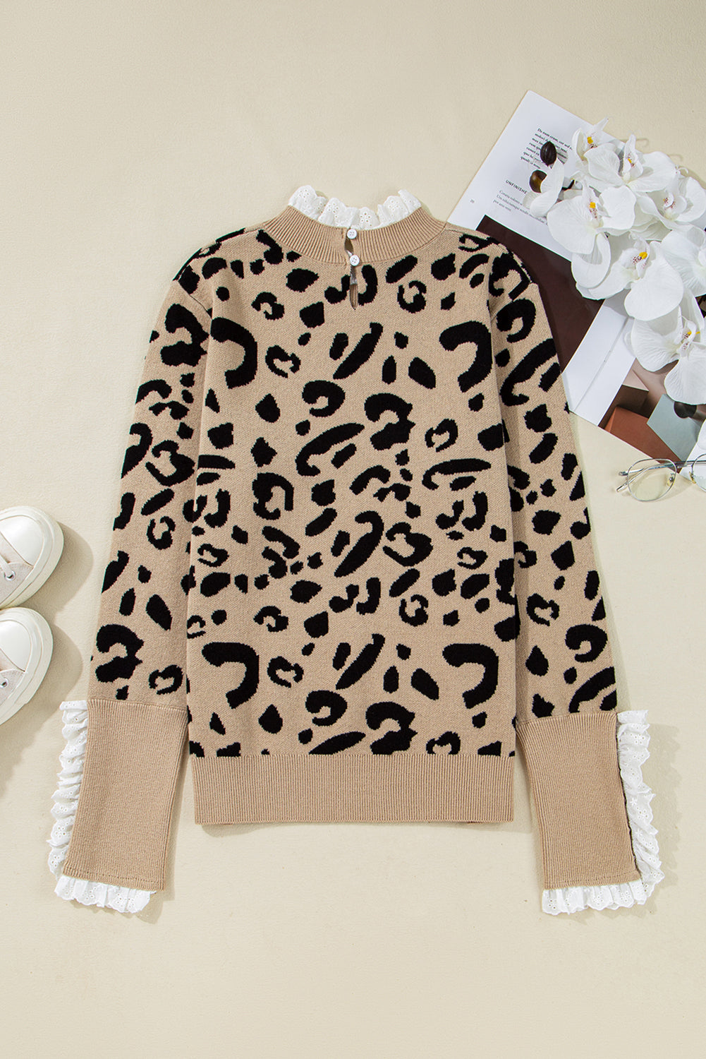 Brown Leopard Pattern Lace Trim Ribbed Detail Button Cuffed Sweater FamilyClothes