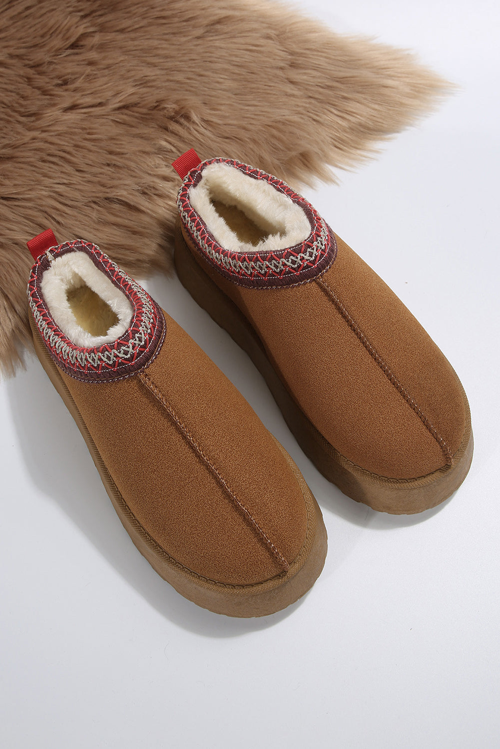 Chestnut Suede Contrast Print Round Toe Plush Lined Flats Shewin