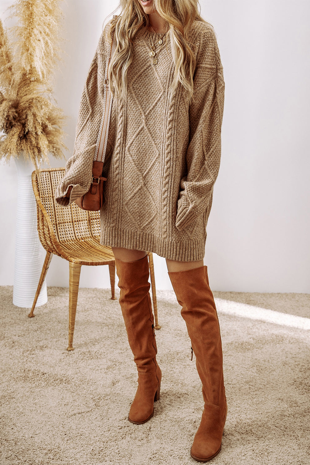 Coffee Twist Cable Knit Drop Shoulder Loose Fit Sweater Dress FamilyClothes