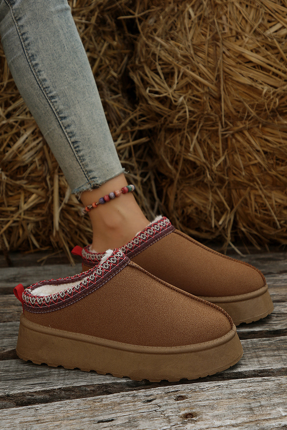 Chestnut Suede Contrast Print Round Toe Plush Lined Flats Shewin