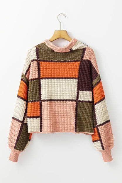 Colorblock Waffle Knit Sweater with Drawstring Mock Neck - FamilyClothes