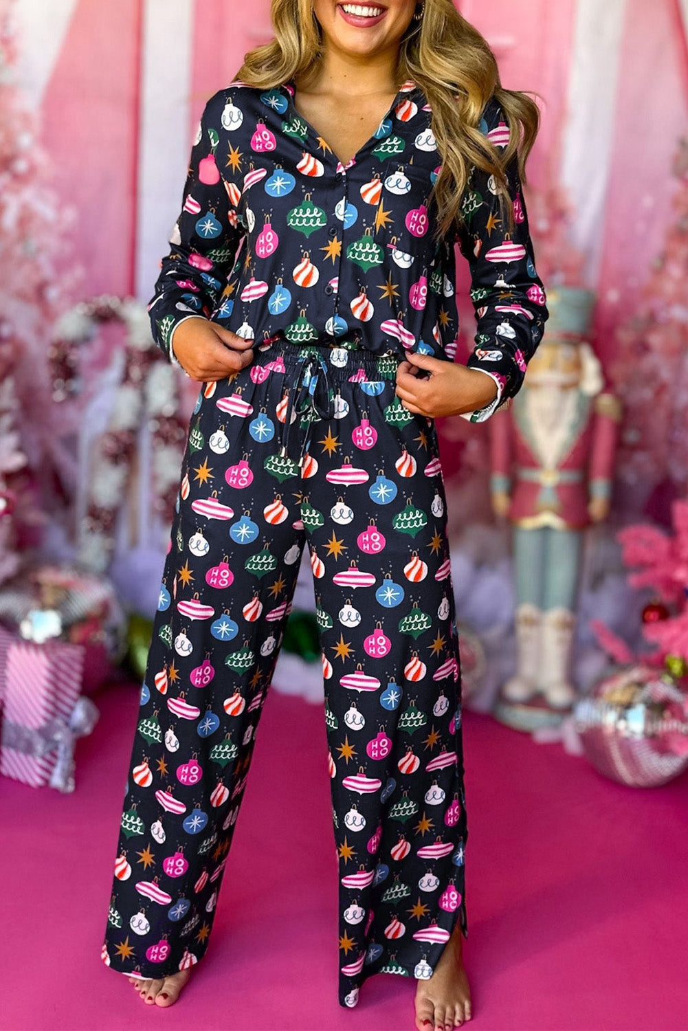 Navy Blue Colorful Christmas Lights Print Shirt and Pants Pajama Set Shewin