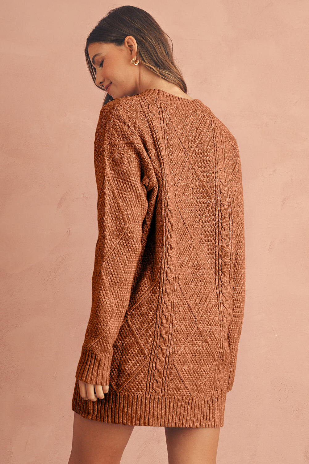 Coffee Twist Cable Knit Drop Shoulder Loose Fit Sweater Dress Shewin